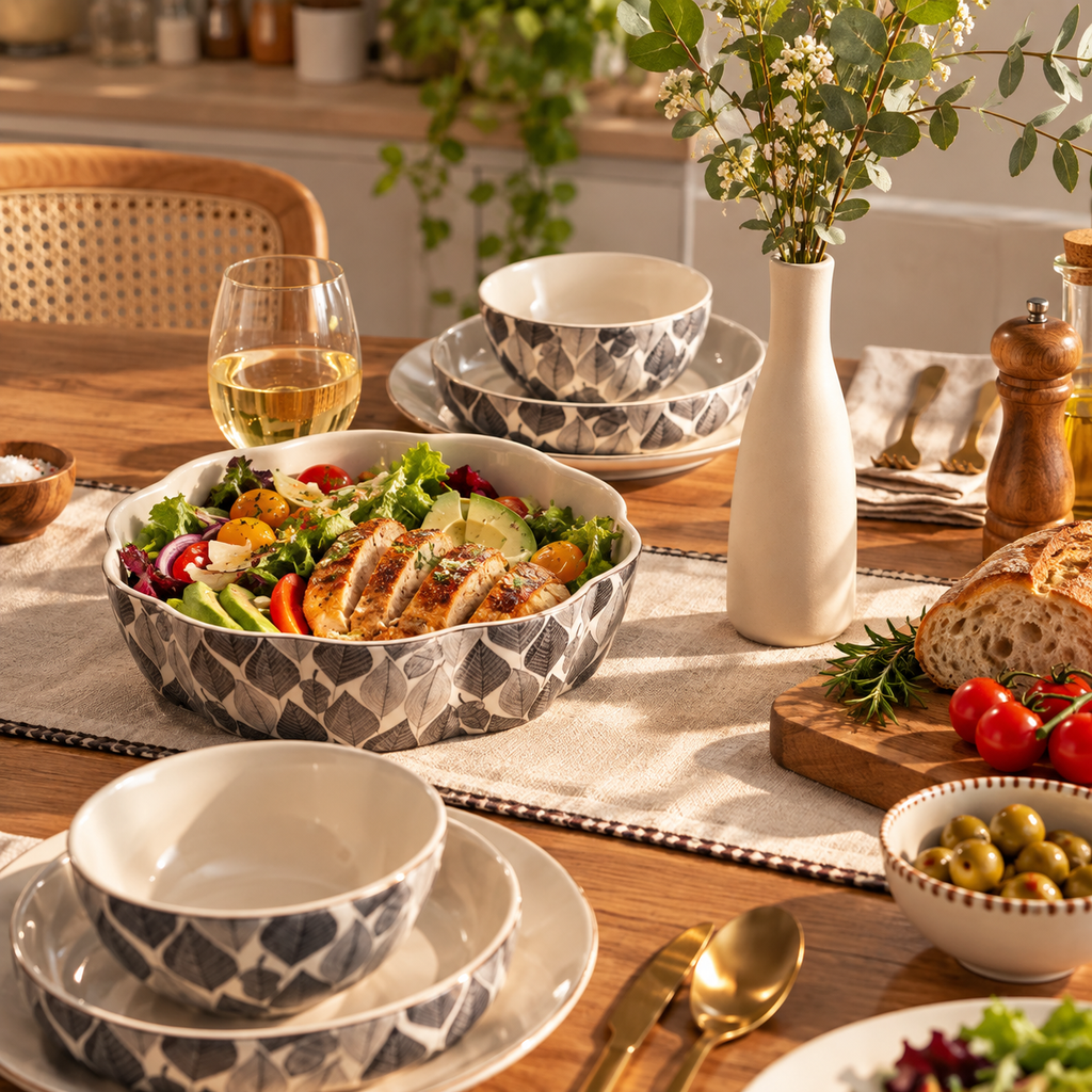 3-Piece Stoneware Serving Bowl Set with Acacia Wood Spoon & Fork – 2.5 QT