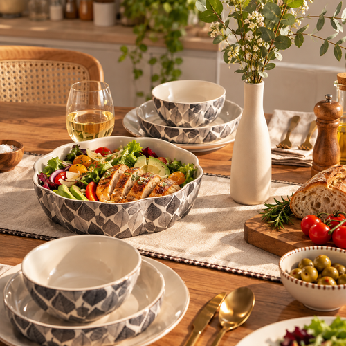 3-Piece Stoneware Serving Bowl Set with Acacia Wood Spoon & Fork – 2.5 QT