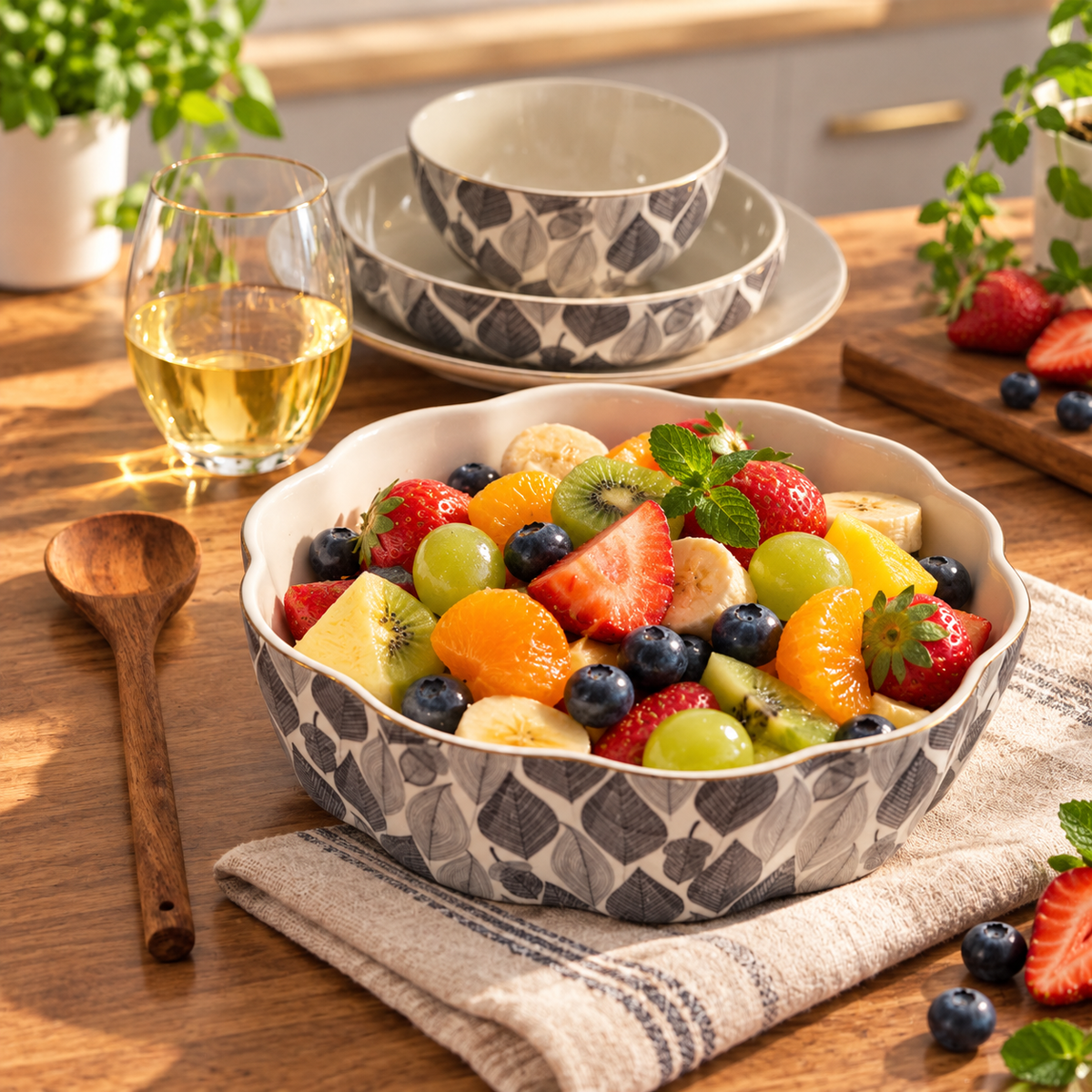 3-Piece Stoneware Serving Bowl Set with Acacia Wood Spoon & Fork – 2.5 QT