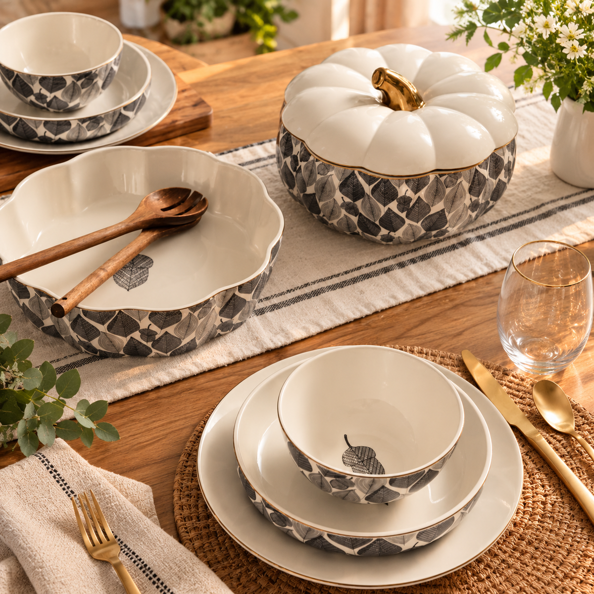 3-Piece Stoneware Serving Bowl Set with Acacia Wood Spoon & Fork – 2.5 QT