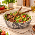 3-Piece Stoneware Serving Bowl Set with Acacia Wood Spoon & Fork – 2.5 QT