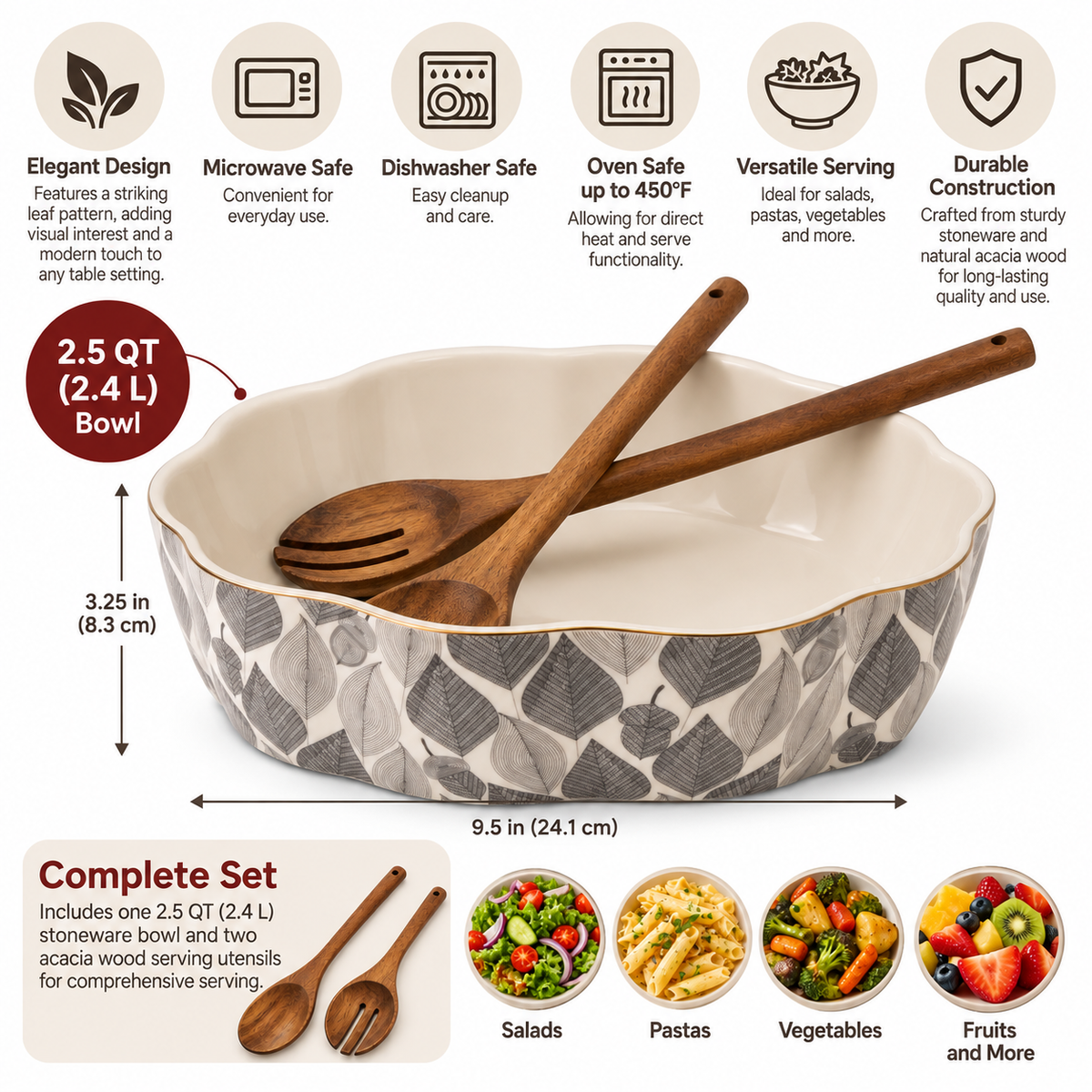 3-Piece Stoneware Serving Bowl Set with Acacia Wood Spoon & Fork – 2.5 QT