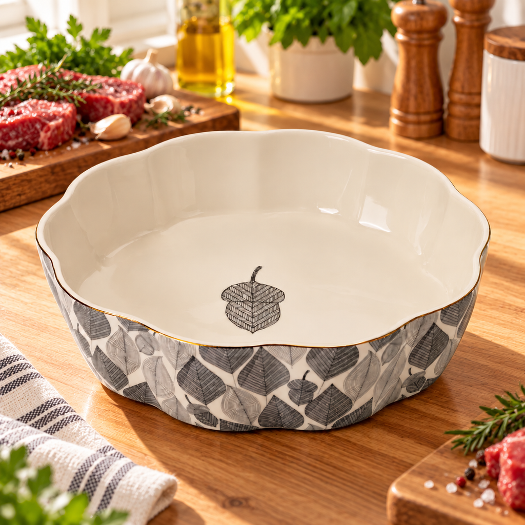 3-Piece Stoneware Serving Bowl Set with Acacia Wood Spoon & Fork – 2.5 QT