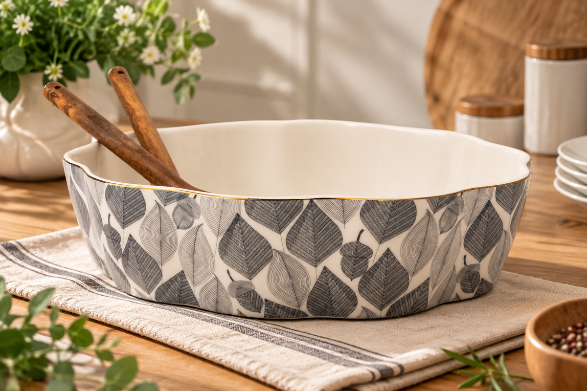 3-Piece Stoneware Serving Bowl Set with Acacia Wood Spoon & Fork – 2.5 QT